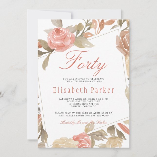 Invitation Dusty Rose Peach Cream Floral 40th Birthday Party (Devant)