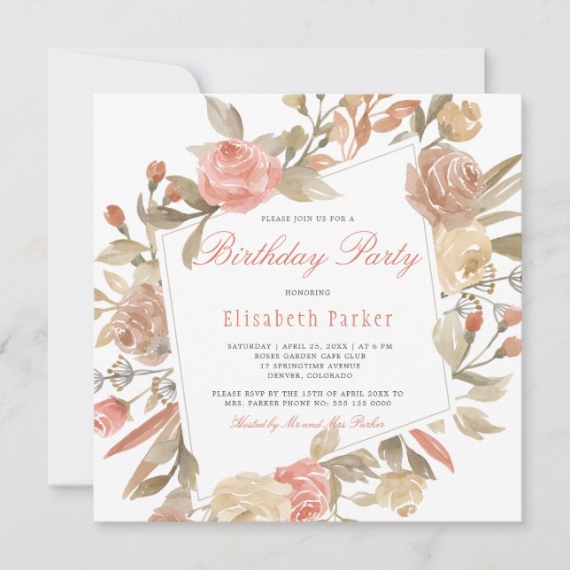 Invitation Dusty Rose Peach Cream Floral Anniversaire Party (Devant)