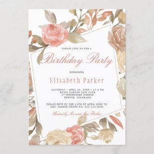 Invitation Dusty Rose Peach Cream Floral Anniversaire Party