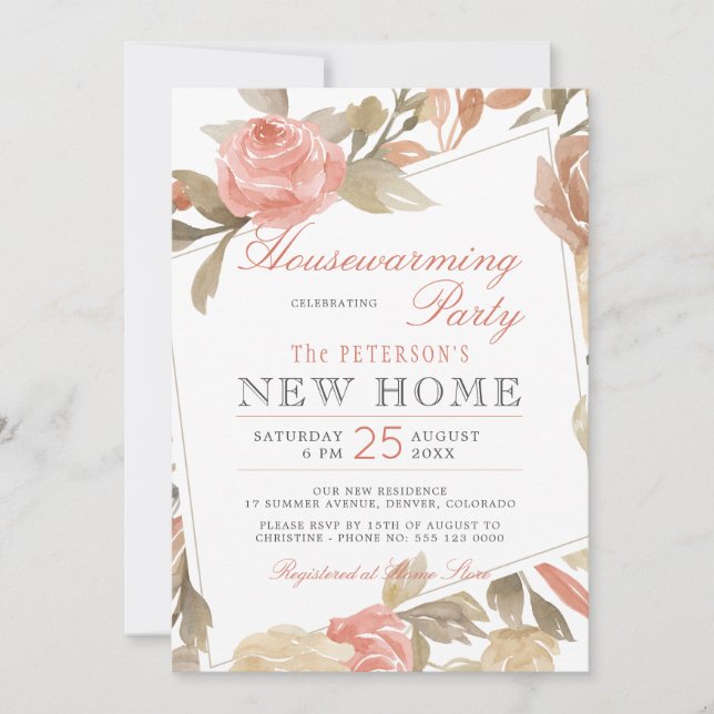Invitation Dusty Rose Peach Cream Floral Houseécher Party (Devant)