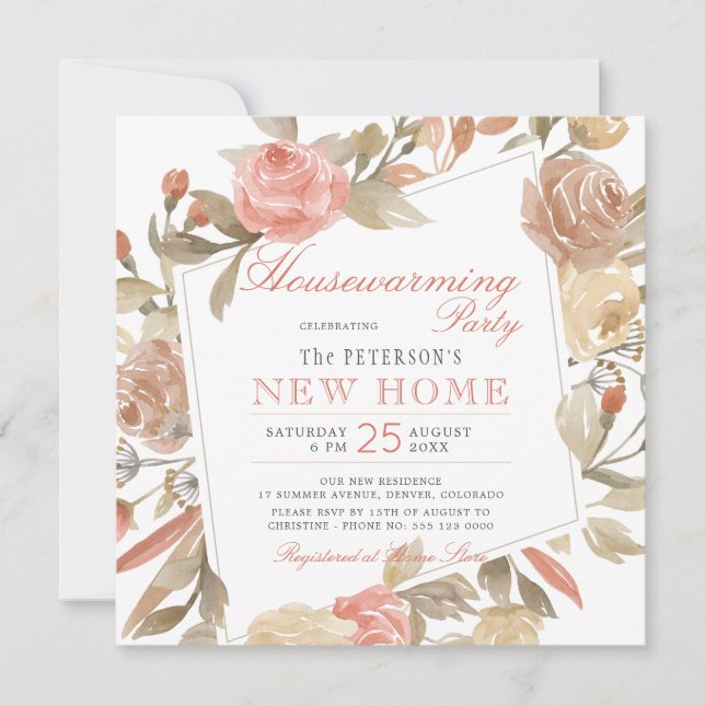 Invitation Dusty Rose Peach Cream Floral Houseécher Party (Devant)