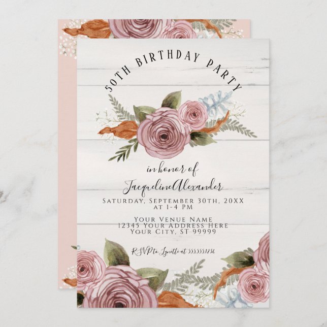 Invitation Dusty rose Peony Floral Rustique Bois fête d'anniv (Devant / Derrière)