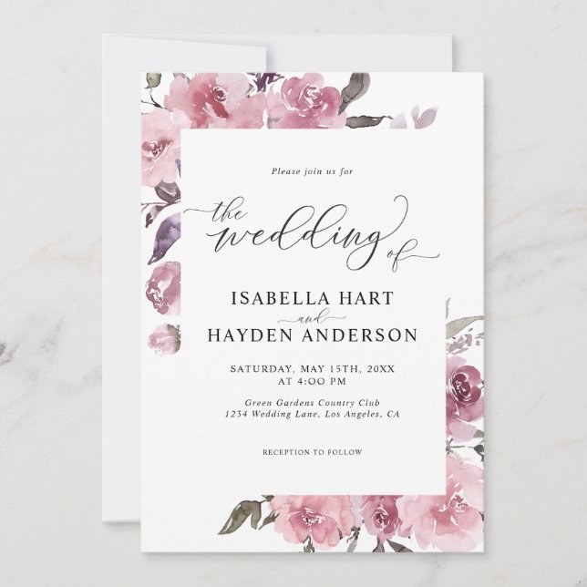 Invitation Dusty Rose Pink Pastel Floral Mauve Mariage (Devant)