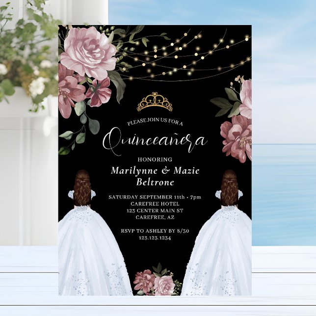 Invitation Dusty rose princesse Floral Twins Quinceañera (Créateur téléchargé)
