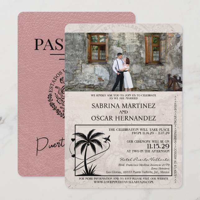 Invitation Dusty Rose Puerta Vallarta Mariage de passeport (Devant / Derrière)
