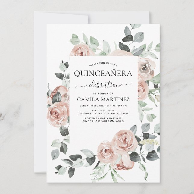 Invitation Dusty rose Quinceañera Floral Greenery (Devant)