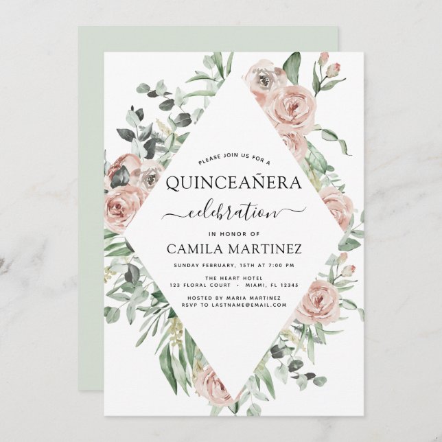Invitation Dusty rose Quinceañera Floral Greenery Eucalyptus (Devant / Derrière)