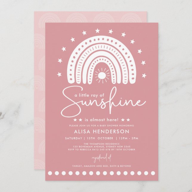 Invitation Dusty rose Ray of Sunshine Boho Girl Baby shower (Devant / Derrière)