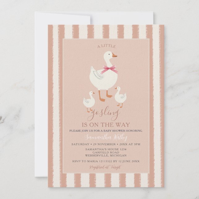 Invitation Dusty rose rayé mignon petit Baby shower Gosling (Devant)