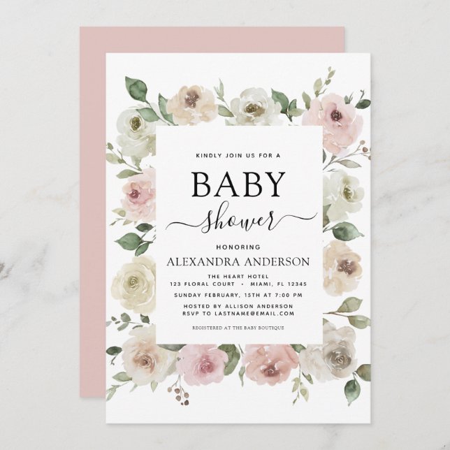 Invitation Dusty Rose rose Baby shower Floral verdure (Devant / Derrière)