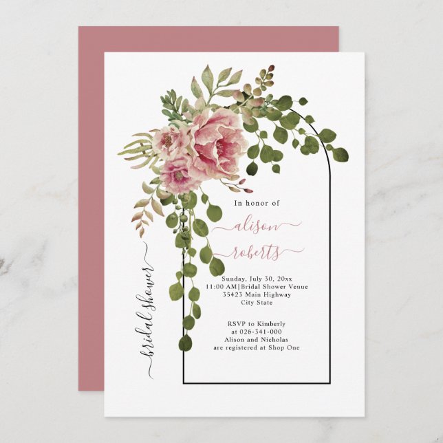Invitation Dusty rose rose fleurs arc mariage douche nuptiale (Devant / Derrière)