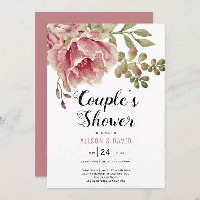 Invitation Dusty rose rose fleurs mariages couples douche (Devant / Derrière)
