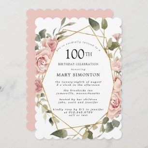 Invitation Dusty Rose Rose Floral 100e fête d'anniversaire