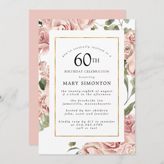 Invitation Dusty Rose Rose Floral 60e Gold Birthday Party (Devant / Derrière)