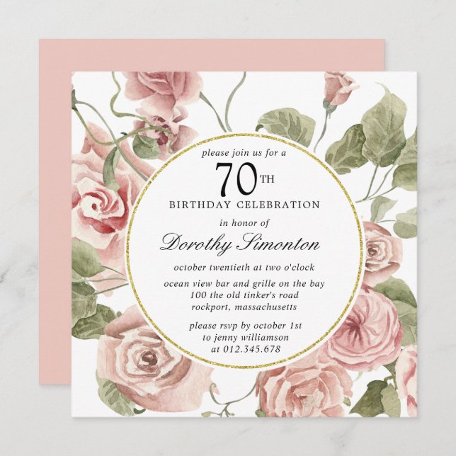 Invitation Dusty Rose Rose Floral 70e anniversaire (Devant / Derrière)