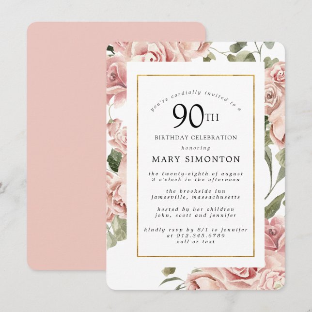 Invitation Dusty Rose Rose Floral 90e Gold Birthday Party (Devant / Derrière)