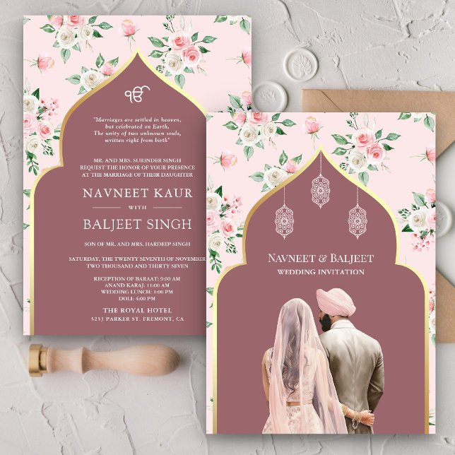 Invitation Dusty Rose rose Floral Anand Karaj Sikh Mariage (Créateur téléchargé)