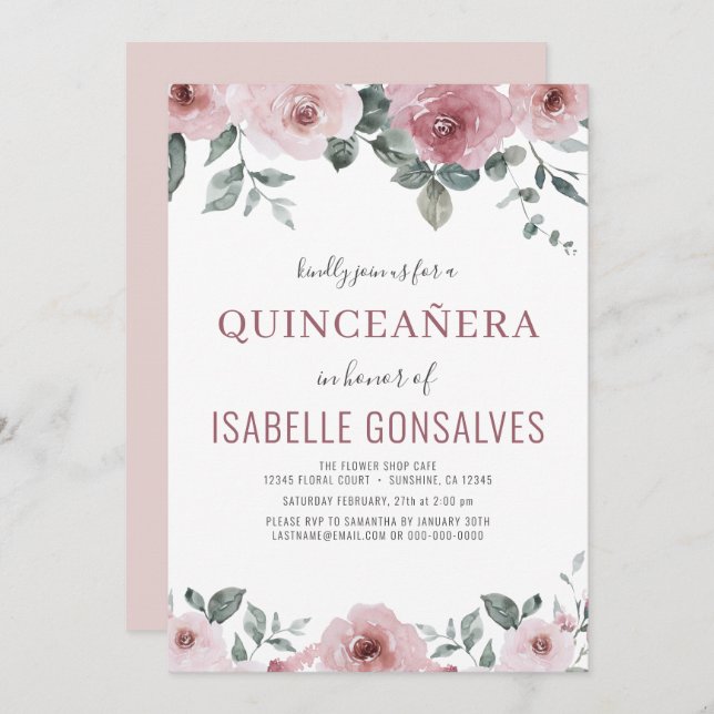 Invitation Dusty Rose rose Floral QUINCEAÑERA Célébration  (Devant / Derrière)