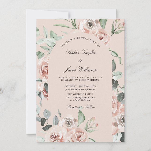Invitation Dusty Rose rose floral vert Mariage Eucalyptus  (Devant)