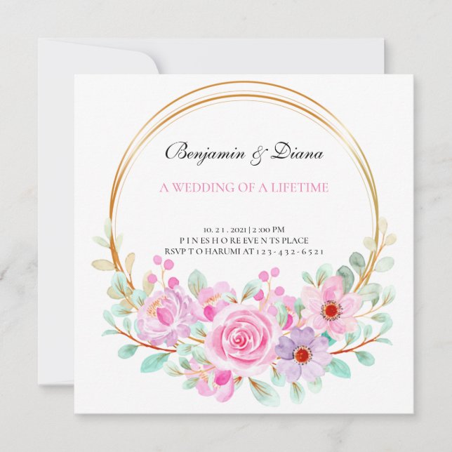 Invitation Dusty Rose rose Mauve or vert Mariage floral (Devant)