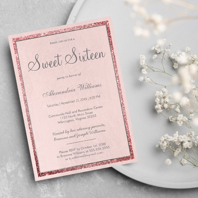 Invitation Dusty rose rose or argent parties scintillant Swee (Dusty pink rose gold silver glitter Sweet 16 )