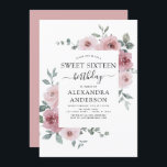 Invitation Dusty Rose rose Sweet sixteen fête d'anniversaire<br><div class="desc">Dusty Rose Pink Floral Roses et Eucalyptus Botanical Greenery Aquarelle Printemps ou Sweet sixteen d'été Invitations de fête d'anniversaire - comprend une belle et élégante typographie script avec des fleurs tropicales modernes et la verdure pour la fête spéciale douce 16.</div>
