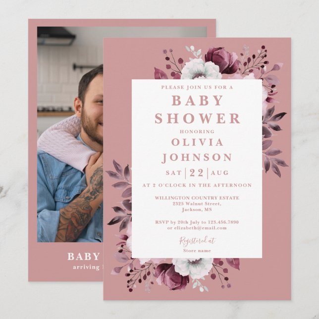 Invitation Dusty Rose Rustic Country Floral Baby shower photo (Devant / Derrière)