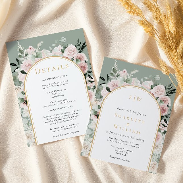 Invitation Dusty Rose Sage Simple Monogramme Tout en un Maria (Créateur téléchargé)