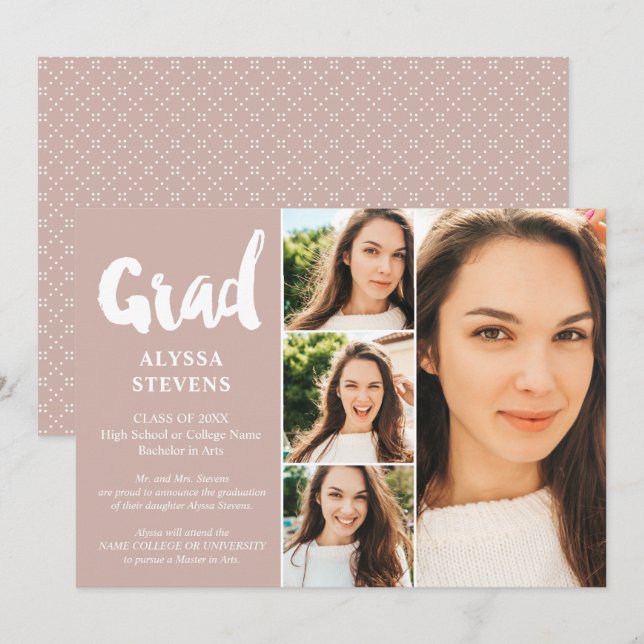 Invitation Dusty rose simple Grad script 4 photos graduation (Devant / Derrière)