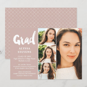 Invitation Dusty rose simple Grad script 4 photos graduation