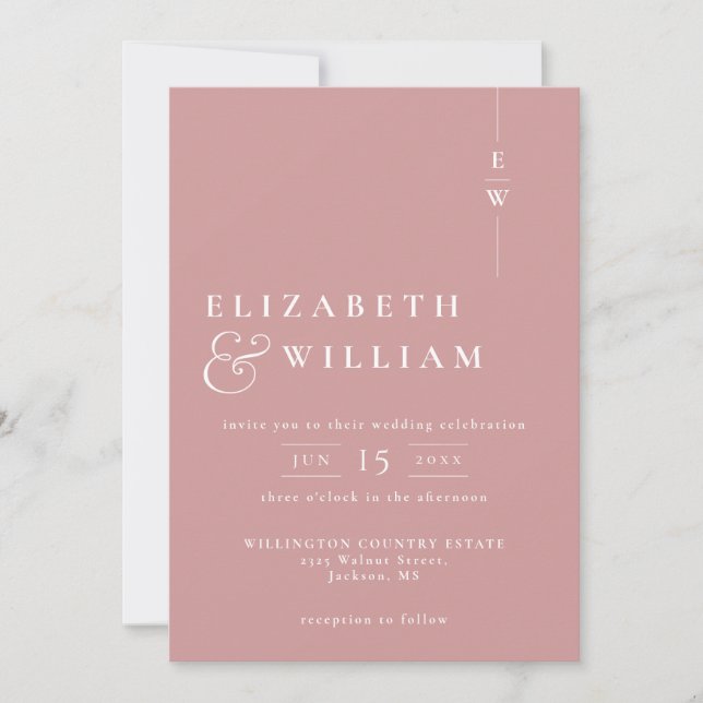 Invitation Dusty Rose Simple Moderne Élégant Mariage Monogram (Devant)