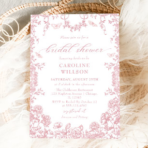 Invitation Dusty rose Toile Floral Chinoiserie Fête des marié