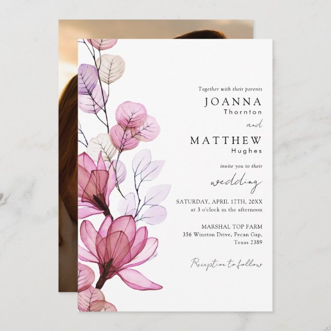 Invitation Dusty Rose Transparent Floral Photo Mariage (Devant / Derrière)