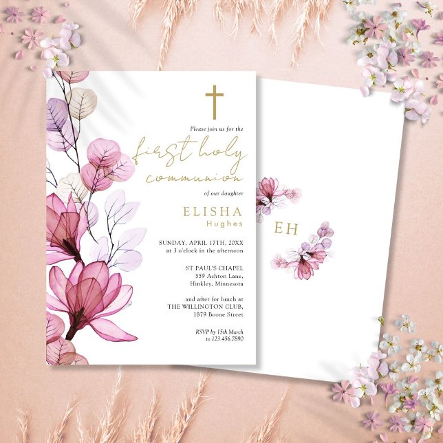 Invitation Dusty Rose Transparent Floral Première Sainte Comm (Dusty Rose Transparent Floral First Holy Communion Invitation)