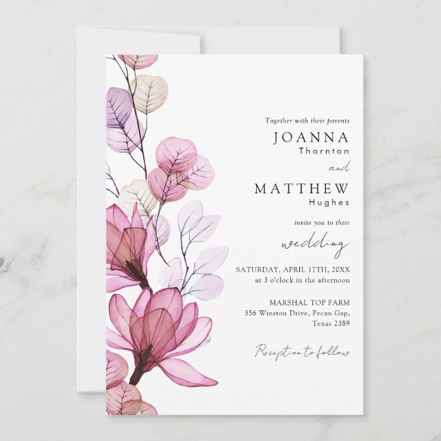 Invitation Dusty Rose transparent Mariage de monogramme flora (Devant)