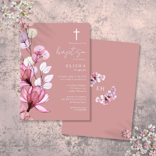Invitation Dusty Rose Transparent Monogramme floral Baptême