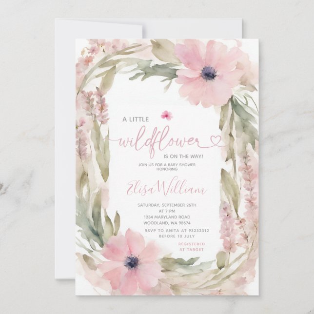 Invitation Dusty Rose Un petit Baby shower Fleur sauvage fill (Devant)