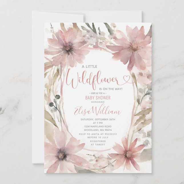 Invitation Dusty Rose Un petit Baby shower Fleur sauvage fill (Devant)