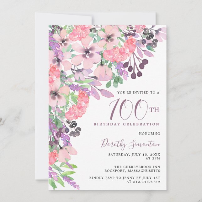 Invitation Dusty rose violet Fleur sauvage 100e anniversaire (Devant)