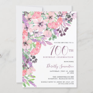 Invitation Dusty rose violet Fleur sauvage 100e anniversaire