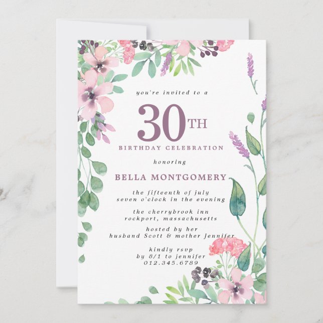 Invitation Dusty rose violet Fleur sauvage 30e anniversaire (Devant)
