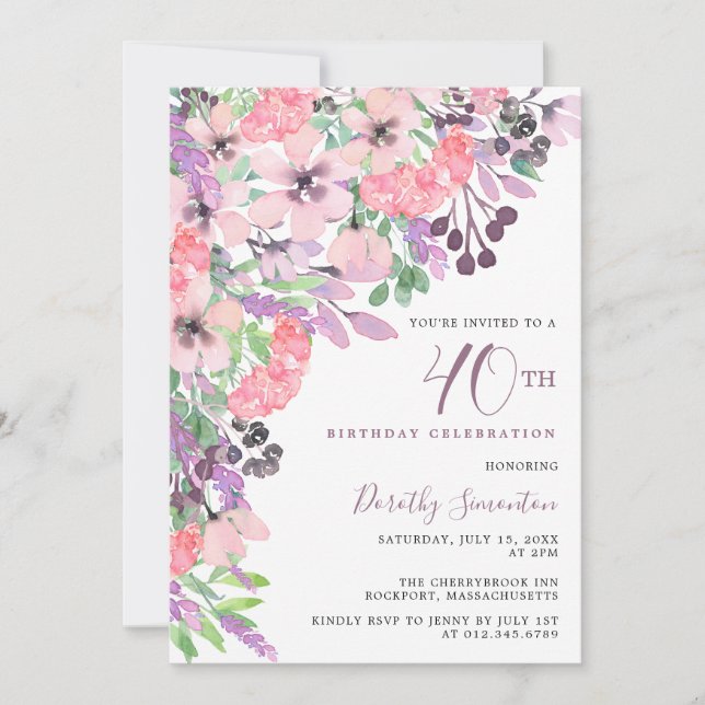 Invitation Dusty rose violet Fleur sauvage 40e anniversaire (Devant)