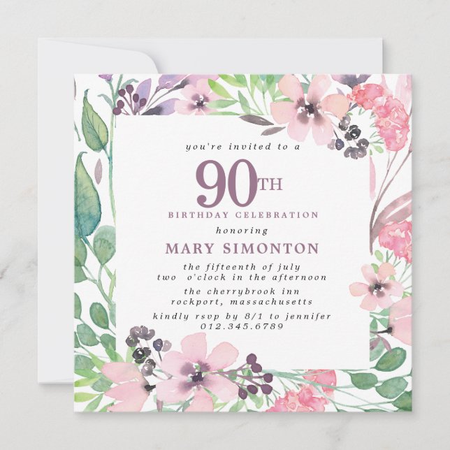 Invitation Dusty rose violet Fleur sauvage 90e anniversaire (Devant)