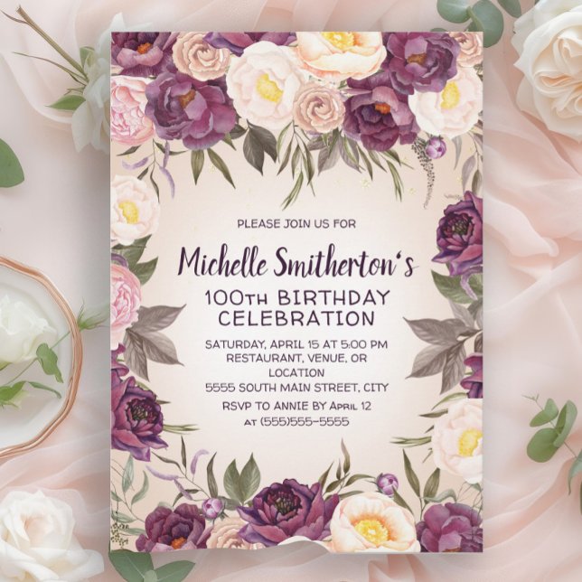 Invitation Dusty rose violet fleuri 100e anniversaire (Purple, blush pink, and dusty rose watercolor floral 100th birthday party invitation)