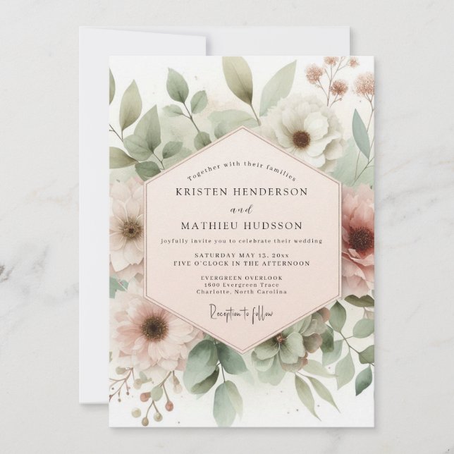 Invitation Dusty Rose Watercolor Bloom Wedding (Devant)
