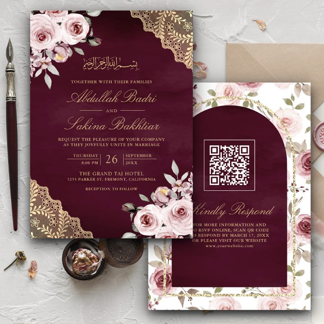 Invitation Dusty Roses Broderie Or Code QR Mariage Musulman p (Créateur téléchargé)