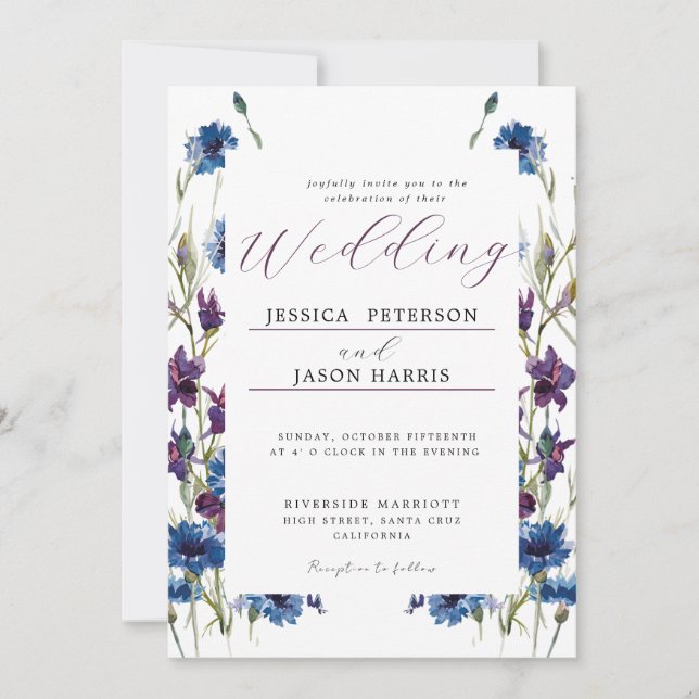 Invitation Dusty Royal Bleu Purple Bloom Floral Mariage Invit (Devant)
