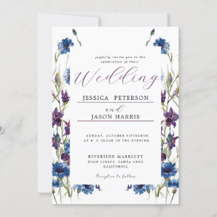 Invitation Dusty Royal Bleu Purple Bloom Floral Mariage Invit