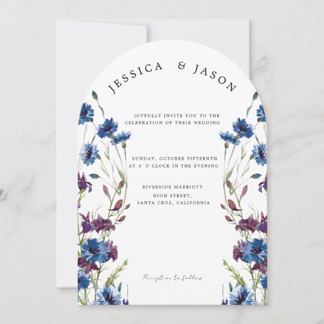 Invitation Dusty Royal Blue Purple Bloom Floral Mariage (Devant)
