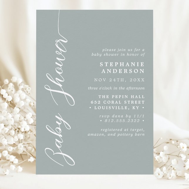 Invitation Dusty Sage Simple Baby Shower Moderne Écriture (Créateur téléchargé)